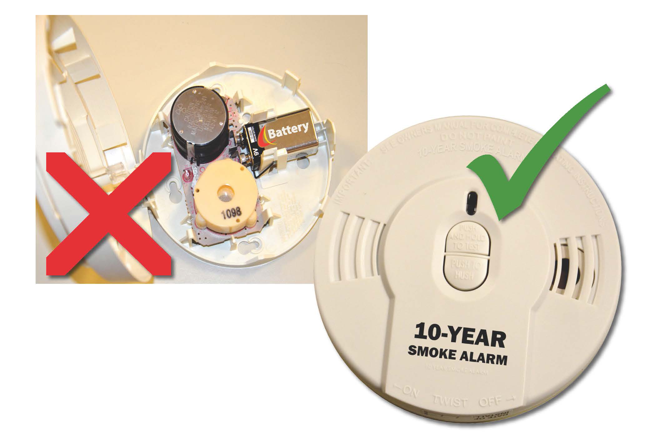 Picture of 10 year battery smoke alarm vs old style battery alarm
