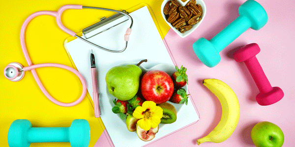 veggies and workout equipment with water bottle